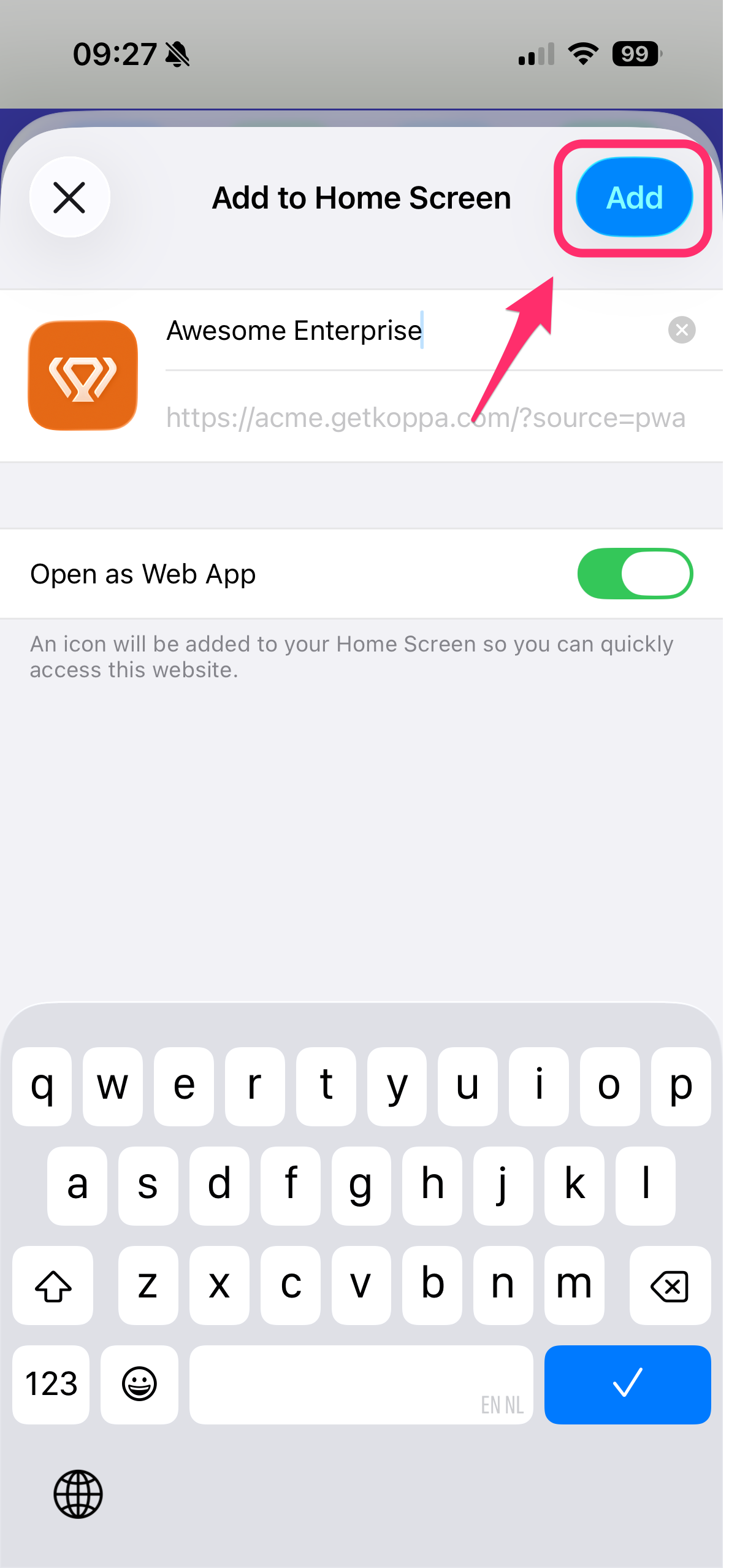 Add to Home Screen confirmation on iPhone